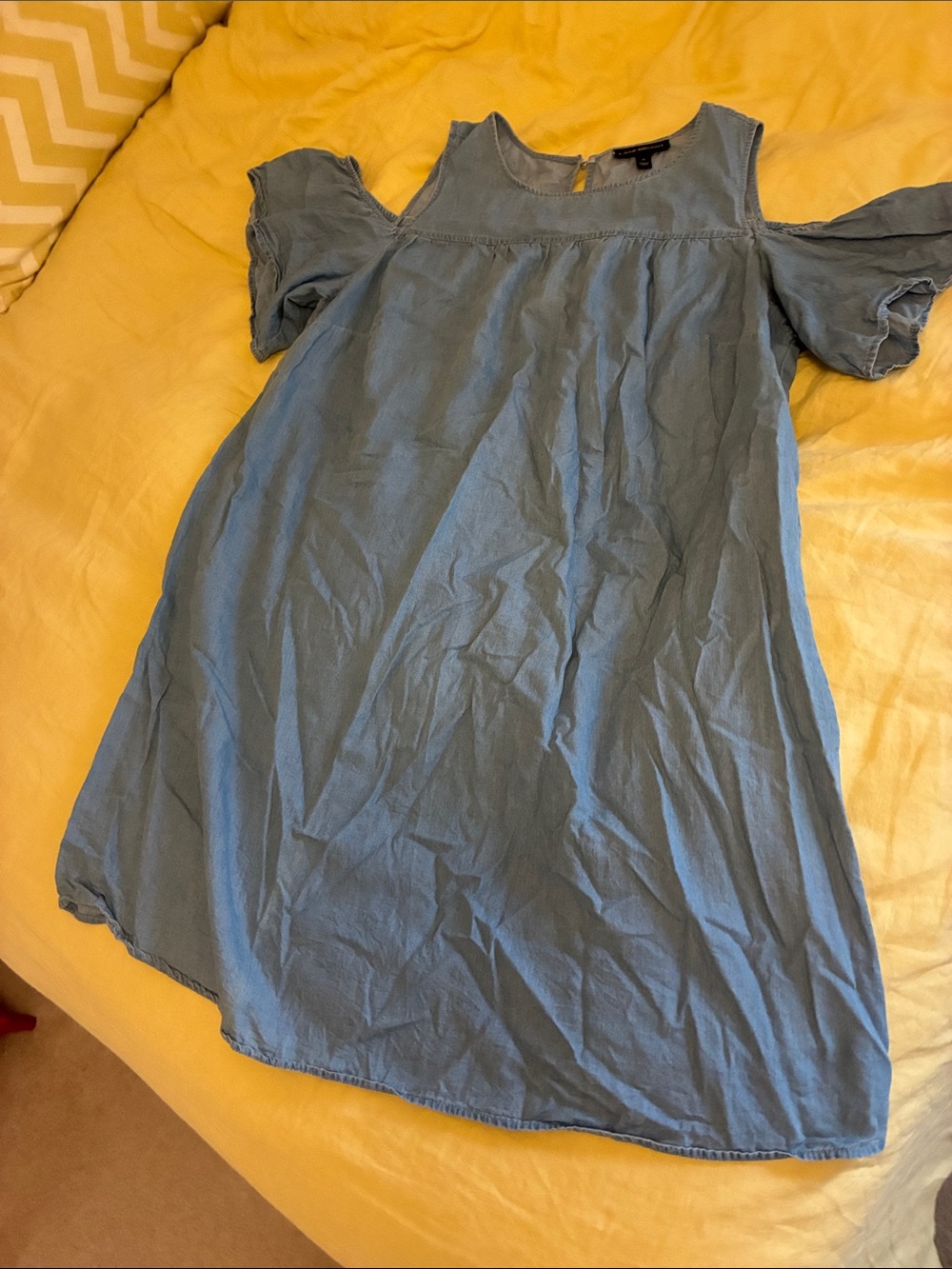 Chambray cold shoulder shift dress.